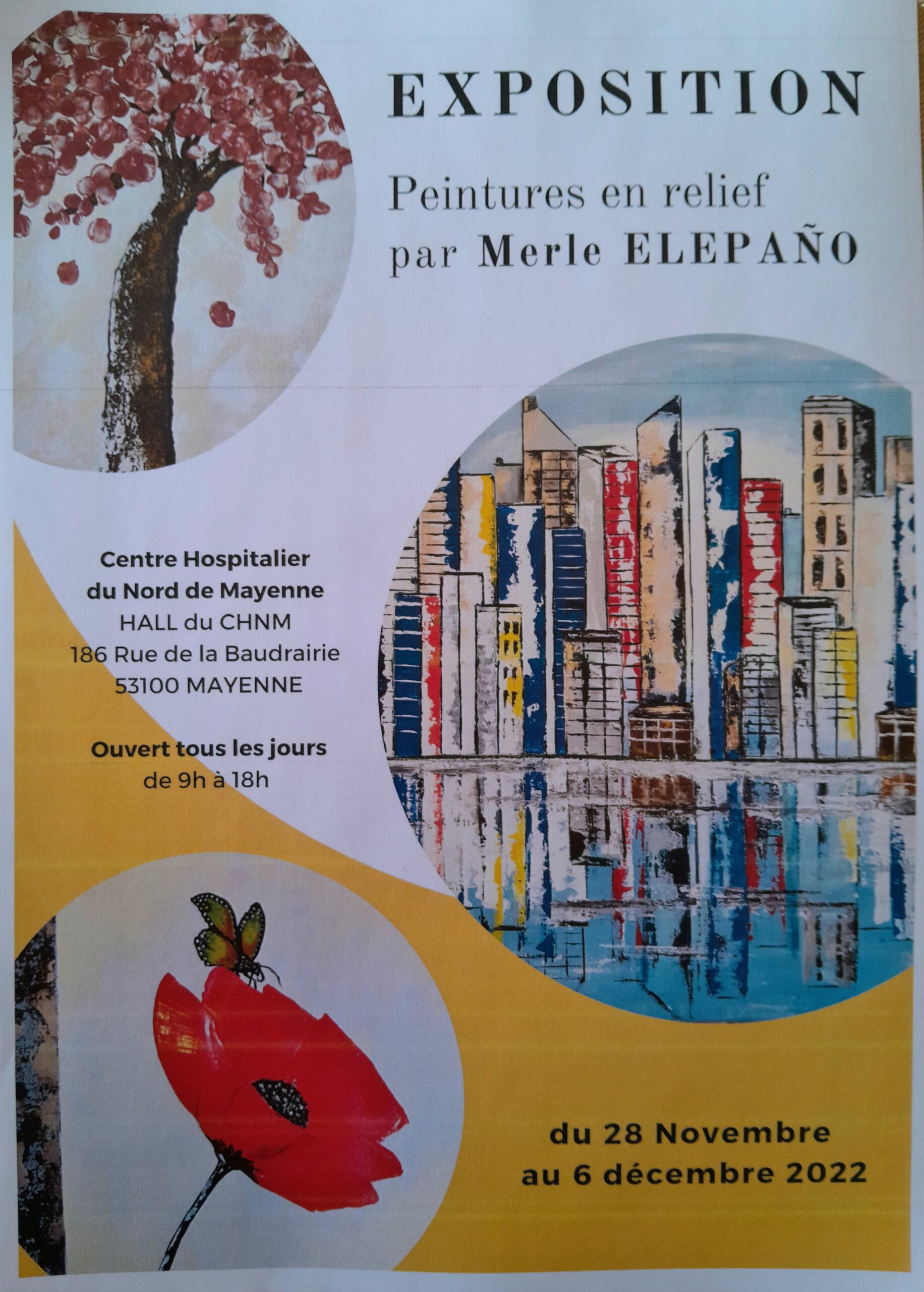 EXPOSITION peinture en relief par ELEPANO Merle du 28 Novembre au 6 Décembre 2022 Hôpital de Nord Mayenne dans le Hall ouvert tous les jours de 9h-18h.