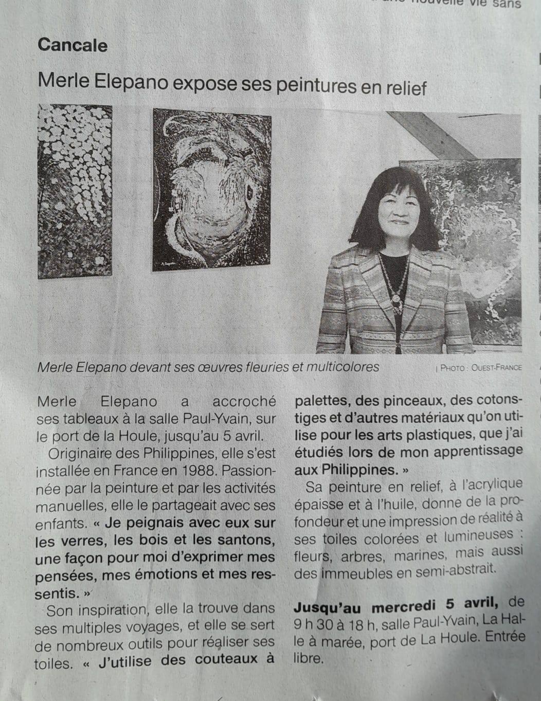 EXPOSITION du 23 Mars au 5 Avril 2023 Peinture de Merle ELEPANO, Salle Paul YVAIN, CANCALE, ouvert tous les jours, 9h30 – 18h l&rsquo;entrée libre